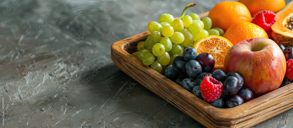 Poster close up view of a wooden tray with fruits on a kitchen table showcasing copy space image