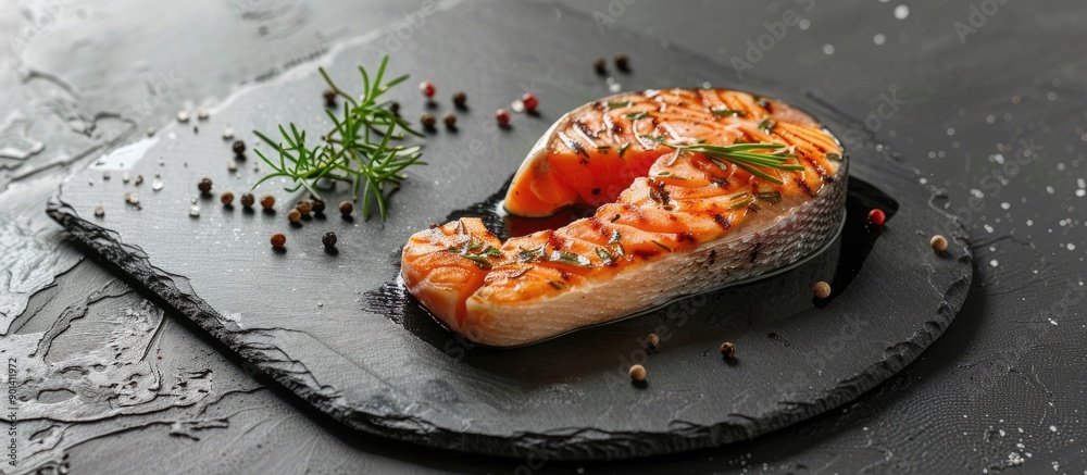 Poster top view of a salmon fish steak with seasoning on a black slate plate with copy space image availabl