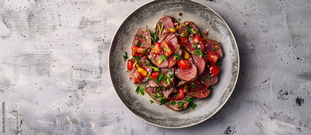 Aufkleber A dish featuring sliced beef tongue with mustard on a gray background View from above with room for text alongside suitable for a copy space image A chilled gourmet starter