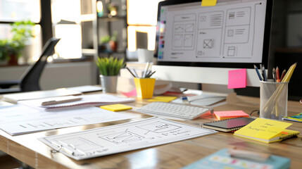 High-angle view of a desk setup with documents and devices showing workflow automation plans in a clean office 