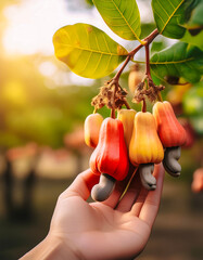 close up hand selected The best cashew fruit are still fresh and ready to be harvested.