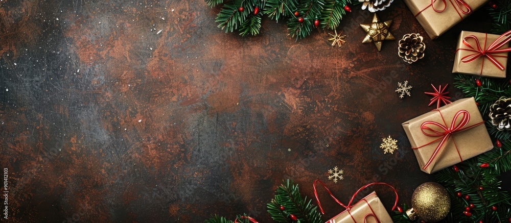 Aufkleber top down view of a rustic background with christmas gifts decorations and copy space image for new y