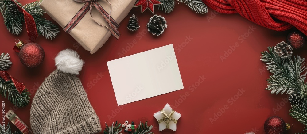 Poster winter themed christmas composition with a flat lay top view featuring a blank card on a gift box ad