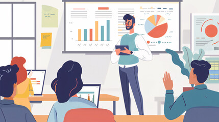 Business leader giving a presentation on ethical business practices with visual aids in a well-lit office 