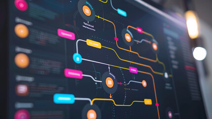 Close-up of a decision-making flowchart on a computer screen with ethical and unethical options highlighted 