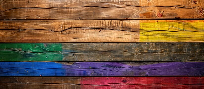 Wooden table with a gay pride flag as the main focus in a copy space image