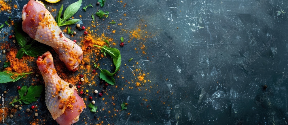 Poster raw chicken leg with flavorings and turmeric on a copy space image