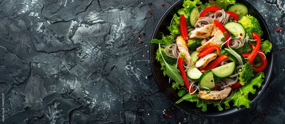 Poster A salad with Chinese noodles chicken peppers and cucumber displayed on a textured stone background with empty space for more elements in the image. copy space available