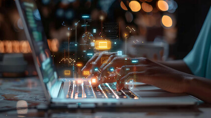 Close-up of a woman’s hands typing on a laptop with holographic digital marketing and big data analytics icons overlayed 