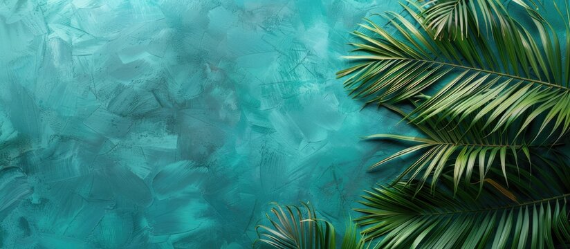 A serene summer themed composition featuring lush palm leaves against a vibrant turquoise backdrop inviting text placement This top down arrangement exudes a chic simple aesthetic