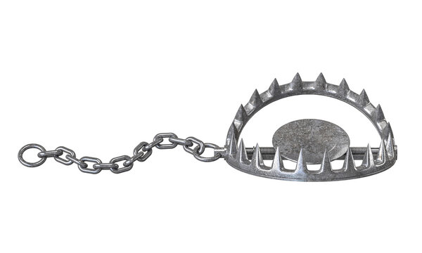 Metal bear trap with chain isolated on transparent background