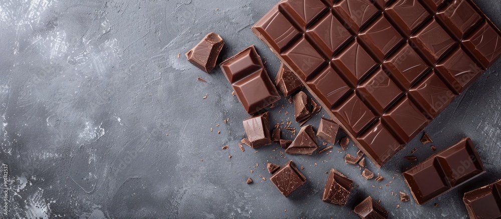 Poster Flat lay of tasty milk chocolate bars on a gray table with a spacious area for text within the image. copy space available