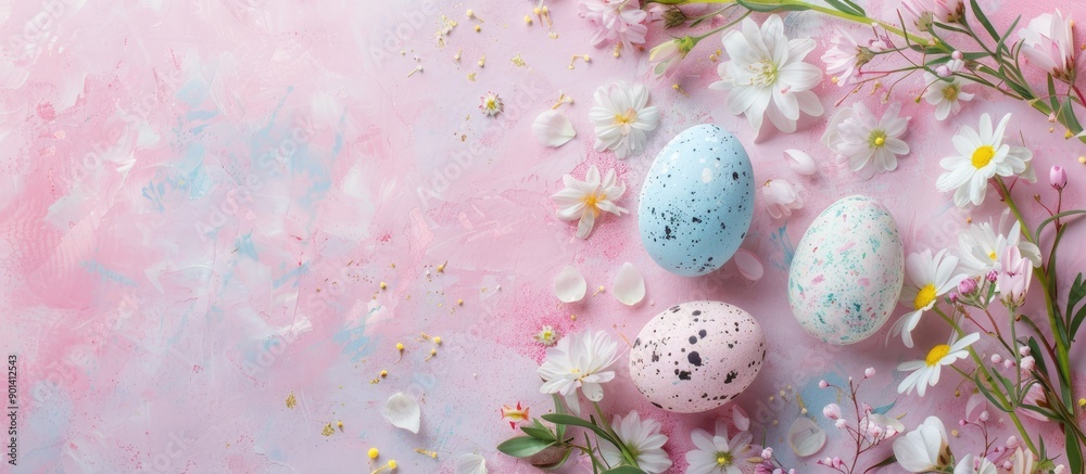Poster an easter themed flat lay frame background featuring colorful eggs and spring flowers ideal for a sp