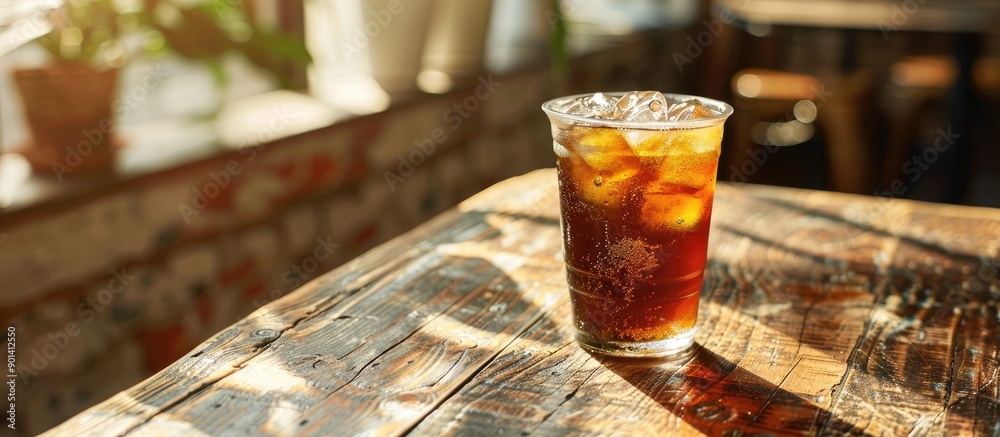 Poster Beverage on a wooden table with copy space image