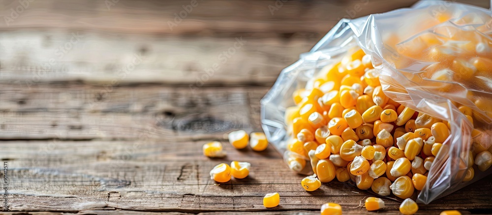 Poster close up of transparent plastic bag with yellow corn kernels on wooden table with copy space image