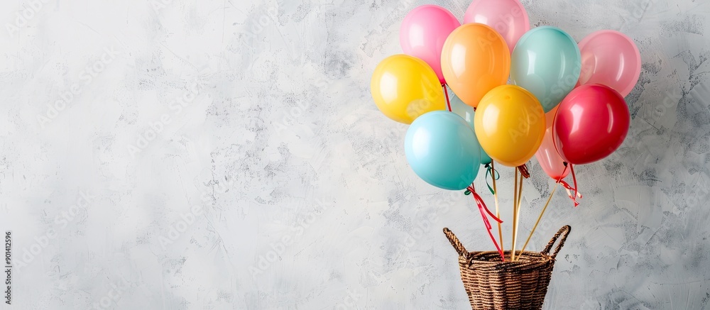Poster A wicker basket filled with colorful balloons placed against a wall with a white background creating a lovely composition with copy space image