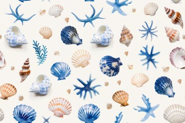 Seamless pattern with seashells and waves in ocean colors in watercolor style.