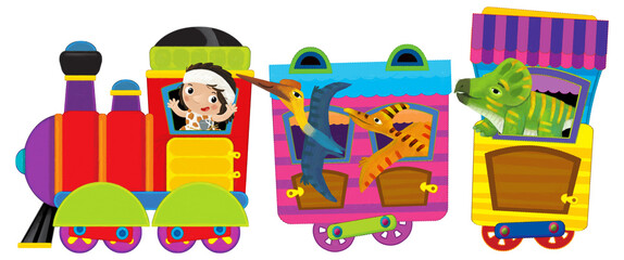 Cartoon funny looking colorful wagon with dino dinosaur animal lizard and caveman conductor isolated illustration for children