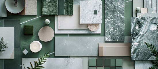 Top down view of a grey and green themed moodboard created by a talented architect and interior designer featuring textile paint samples panels and tiles in a visually appealing composition with copy
