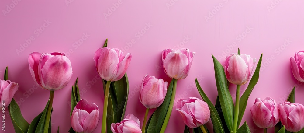 Aufkleber pink tulips displayed on a pink paper background with copy space image