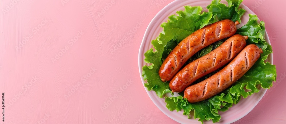 Poster plate of delicious boiled sausages with lettuce and cheese on a pink background with copy space imag