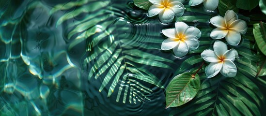 Blooming plumeria or frangipani flowers with green eucalyptus leaves and palm and fern leaves floating in water create a serene spa ambiance ideal for relaxation in a copy space image