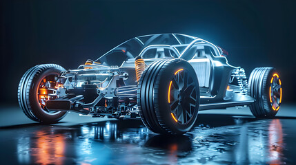 futuristic electric sport fast car chassis and battery packs. Generative Ai.