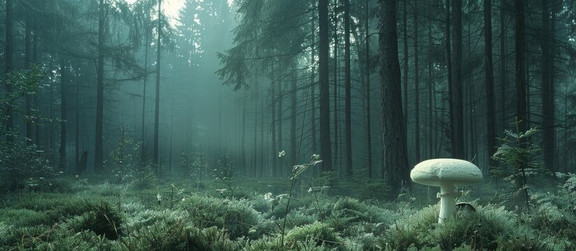 A white mushroom sits in a Northern European forest surrounded by tall trees and a serene atmosphere creating a beautiful scene for a copy space image