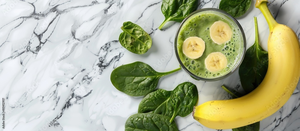 Poster banana and baby spinach smoothie on marble background with copy space image