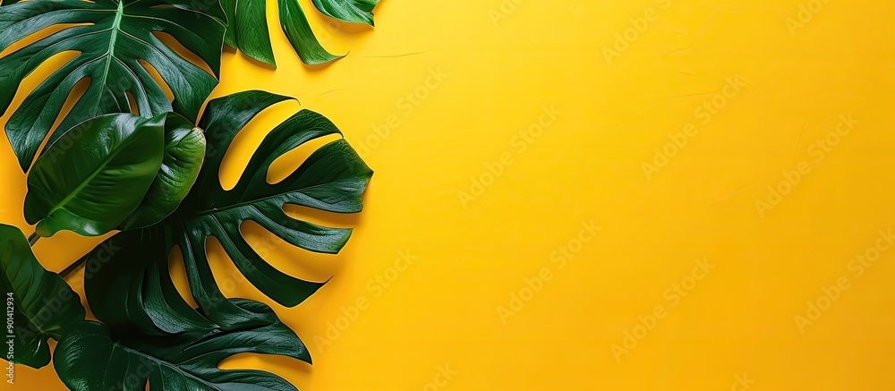 Aufkleber Top down perspective of a simplistic office desk adorned with a plant against a yellow background ideal for showcasing designs with the availability of copy space image