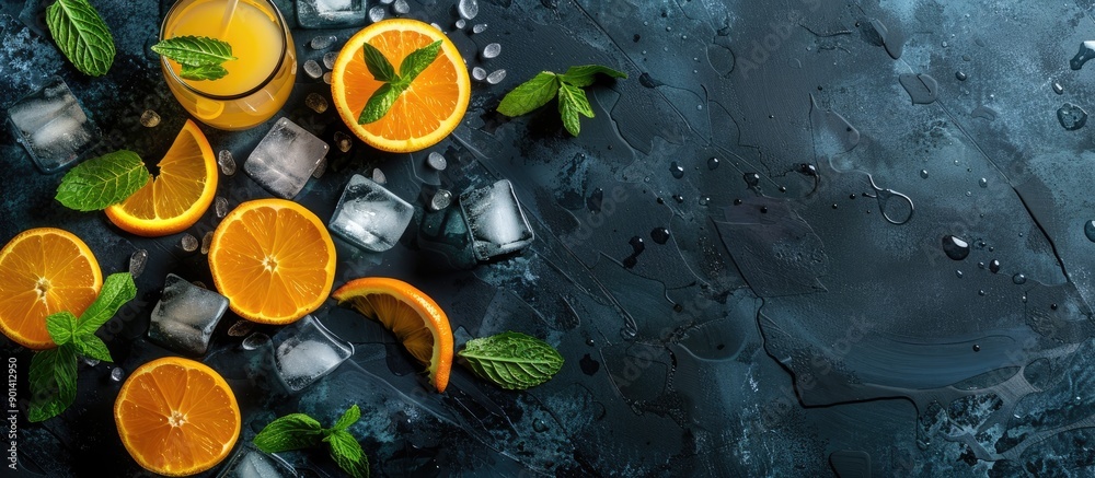 Aufkleber Top down view of fresh orange juice orange slices mint leaves and ice on a dark backdrop with ample space for additional content like a logo or text copy space image
