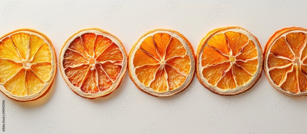 Poster Dried orange slices arranged in a row create a fruit pattern on a white backdrop with copy space image