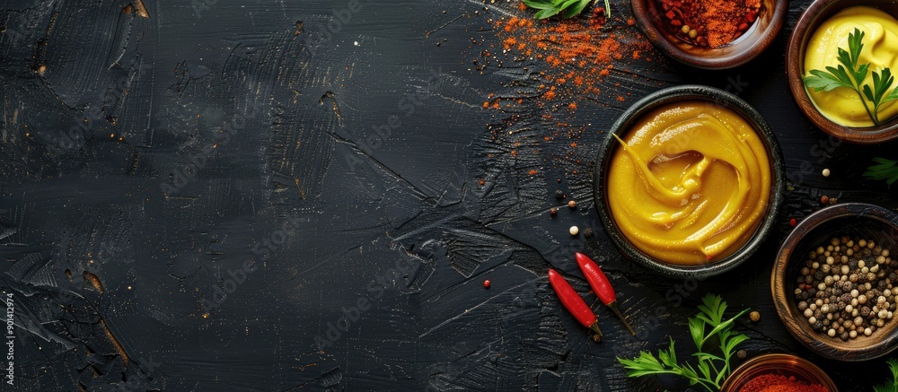 Poster Black wooden background with mustard sauce and spices displayed from a top view providing ample copy space for text in the image