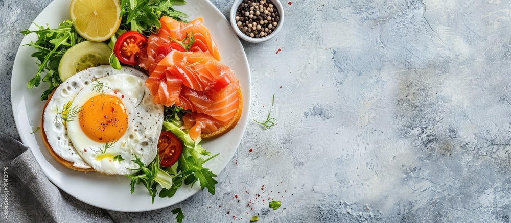 Poster Top down view of a nutritious breakfast spread featuring fried eggs salmon sandwiches and a fresh salad on a plate with empty space for adding text or graphics. copy space available