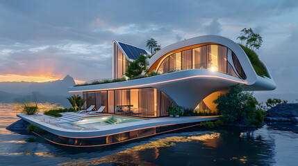 futuristic generic smart home with solar panels rooftop system. Generative Ai.