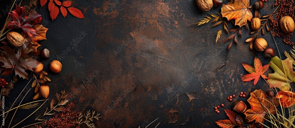 Aufkleber colorful fall foliage nuts and grass in a corner border atop a rustic dark banner background shown f