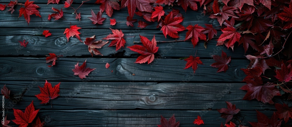 Aufkleber top down view of autumn s red leaves against a dark wooden backdrop with copy space image available