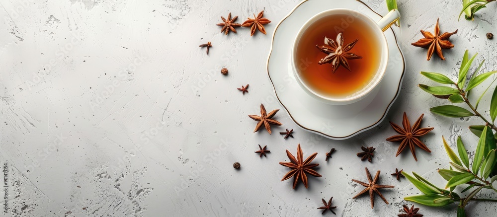 Poster anise stars adorn a fragrant tea on a light grey tabletop with copy space image available