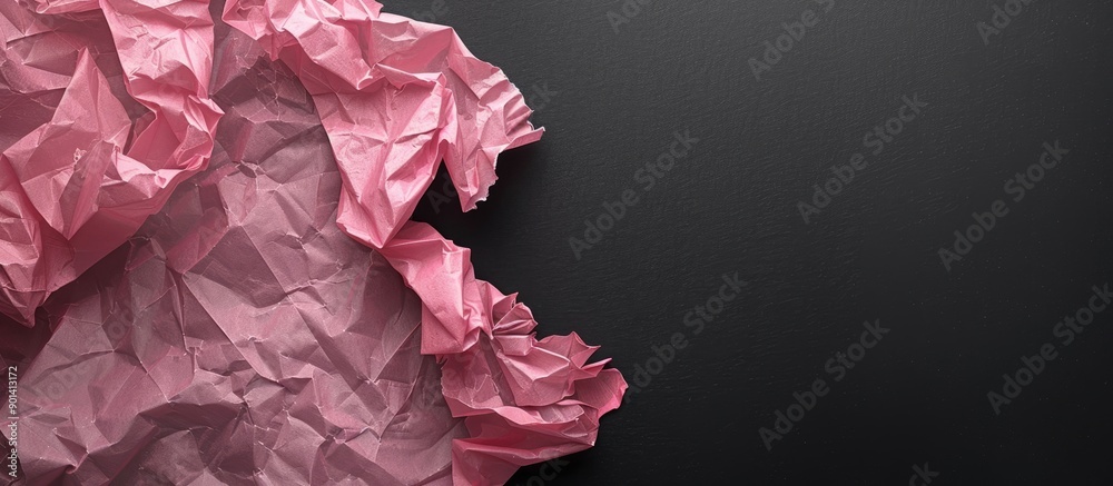 Aufkleber pink crumpled paper scrap on a black background with a clear copy space image
