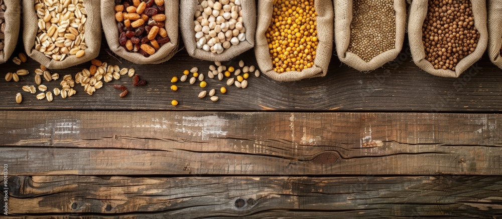 Poster Wooden background with various cereal grain bags arranged neatly in a flat lay composition allowing for text placement in the copy space image