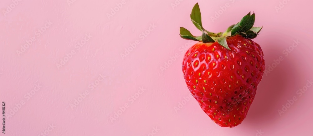Poster A strawberry rests on a pastel pink surface in a flat lay composition offering a top down view with ample copy space in the image