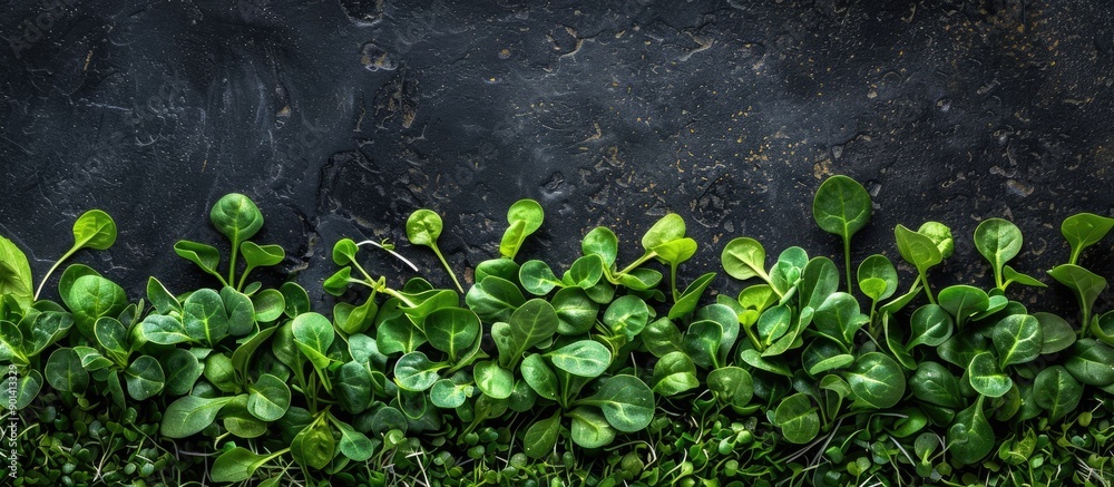 Poster fresh green spinach petals and microgreens mimicking lush grass on a menu background cater to keto o