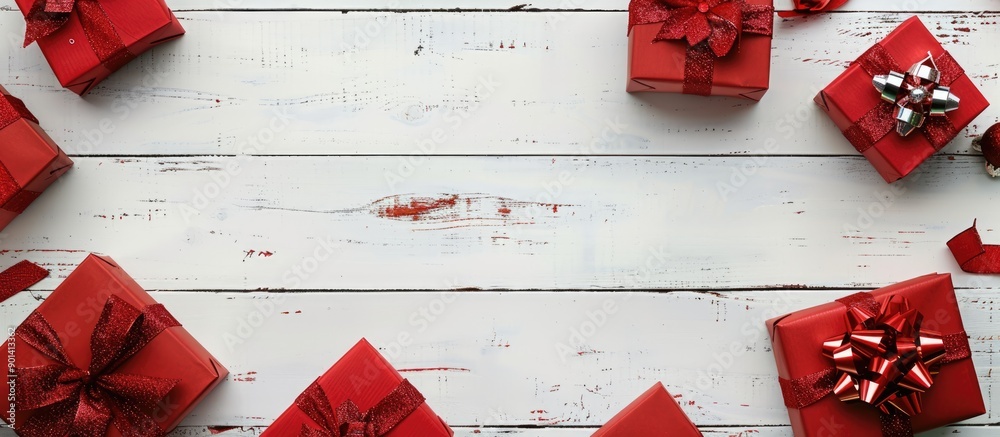 Leinwandbilder red christmas gift boxes arranged at the edge of a white wooden panel with space for adding text or 