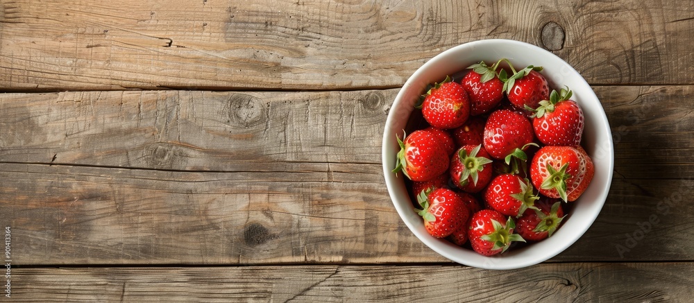 Poster A top view copy space image features fresh strawberries in a white bowl on a rustic wooden table