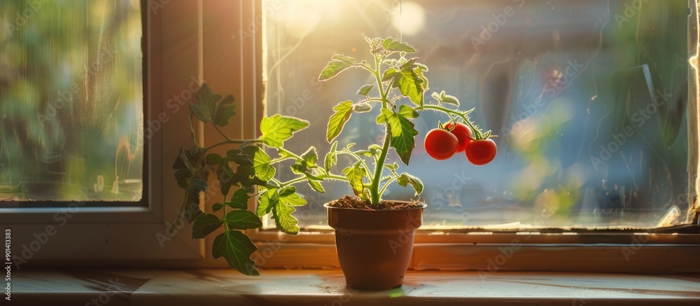 Poster indoor setting with a tomato plant in a pot on a windowsill showcasing a copy space image