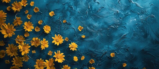 Yellow everlasting daisies against a textured blue backdrop in a view from above creating a captivating copy space image