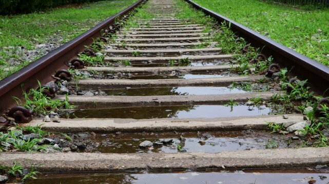 Raindrops fall into a puddle on a railroad track.비내리는 철길위 웅덩이에 빗방울이 떨어집니다.