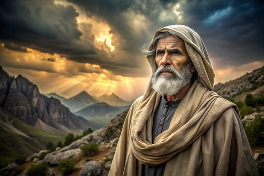 The Old Testament prophet in Jewish national clothes against the background of mountains and a picturesque cloudy sky