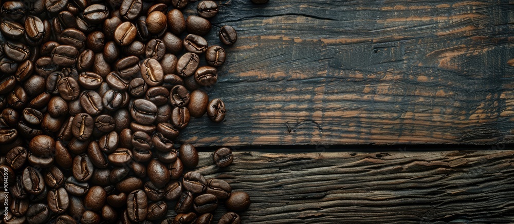 Poster Coffee beans roasted and displayed on a rustic wooden backdrop creating a coffee themed composition in a view from above with space for text or an image. copy space available