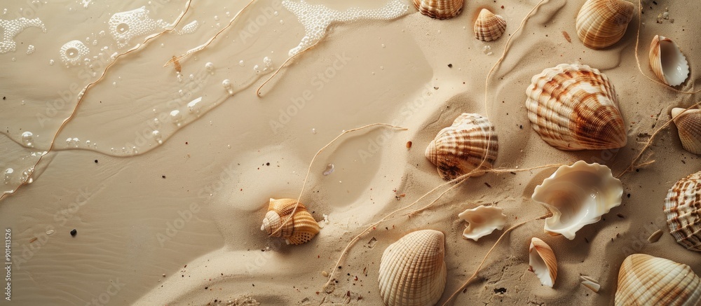 Poster A summer themed scene featuring a sandy beach with seashells and string ideal for a copy space image